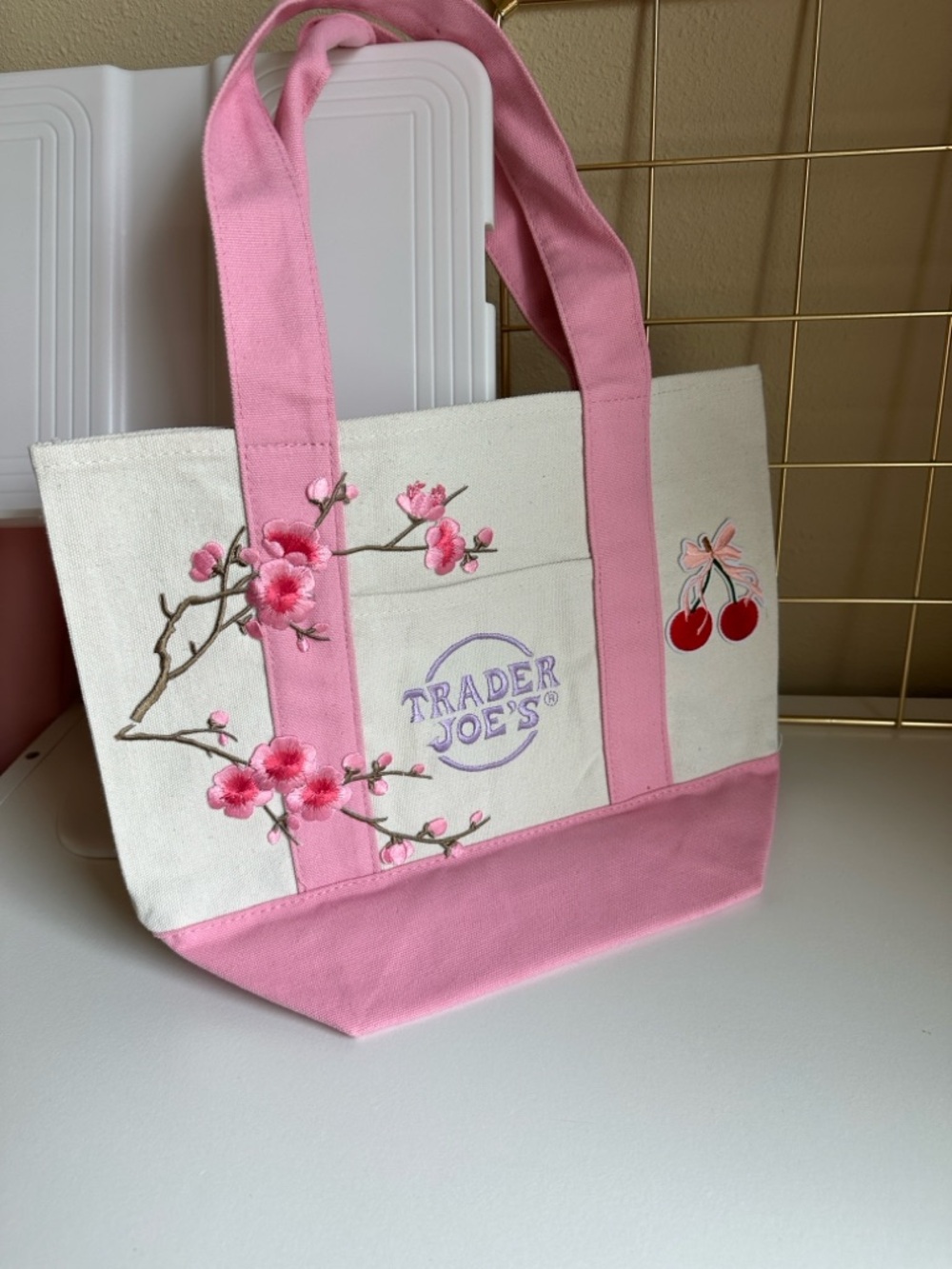 Trader Joes Pink & Cream Canvas Tote Bag with Cherry and Blossom patches